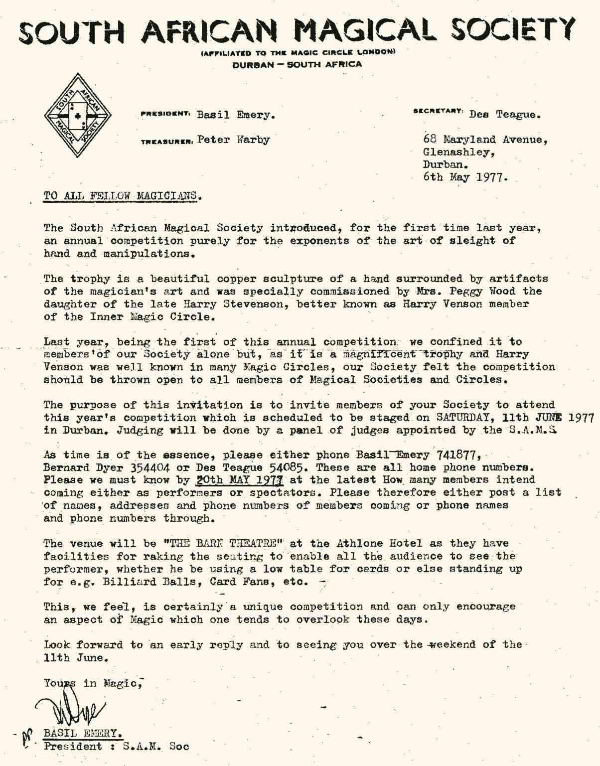 Harry Venson letter